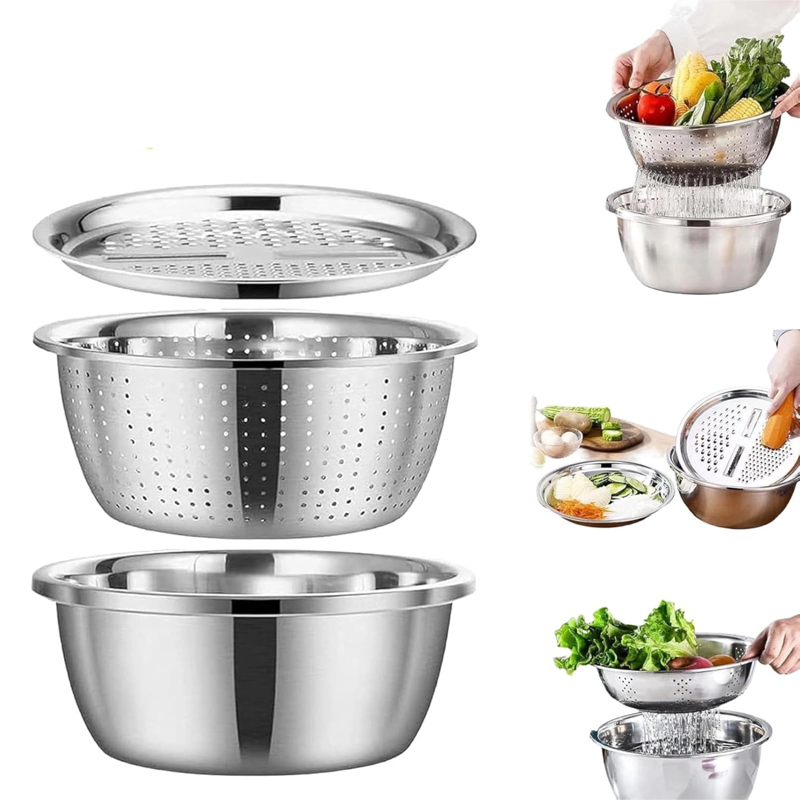 Leutsin Germany Multifunctional Stainless Steel Basin,3-in-1 with Colander Grater Strainer,Multifunction Basins Strainer Set,Drainage Shredding Mixing Bowl for Kitchen Meal Prep & Small Spaces