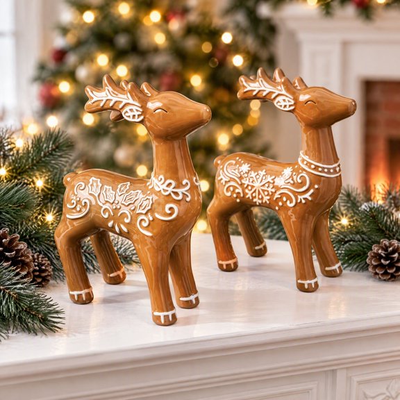 Leutsin Gingerbread Reindeer Christmas Ornament Resin White Icing Candy Details Holiday Centerpiece Tabletop Figurine 1 Count