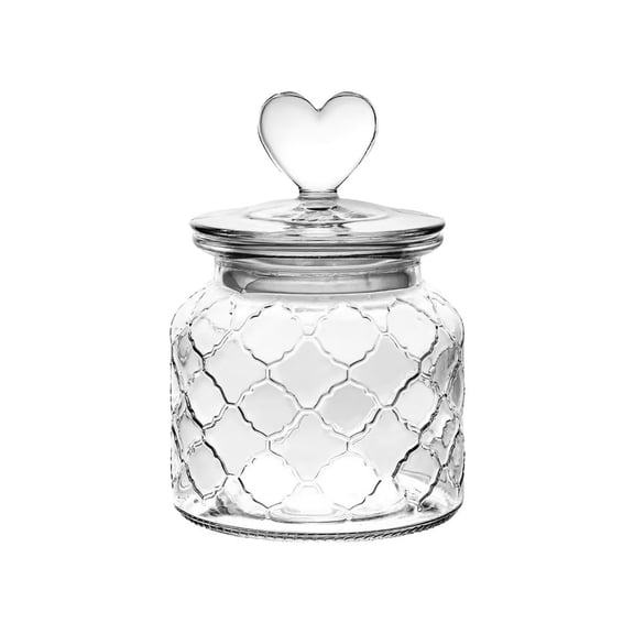Leutsin Glass Jars with Heart Lids Airtight Clear Candy Jar Food Storage Canister with Heart-Shaped Knob for Valentine's Day Party Tea Cookie Table Decoration,Grid Texture,6.25"