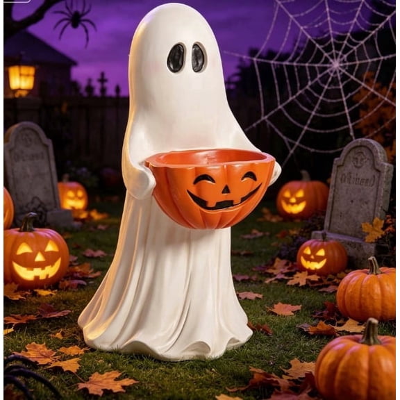 Leutsin Ghost Figurine with Pumpkin Candy Bowl Halloween Candy Holder Decor 12 Inch