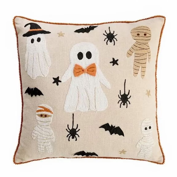 Leutsin Halloween Ghost Mummy Embroidery Pillowcase, Beige Decorative Linen Cushion Cover with Ghost Mummy Bat Spider Star Embroidered Pattern for Bed Couch & Fall Home Farmhouse Decor, 18 x 18 Inch