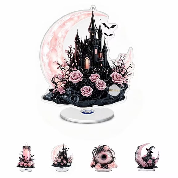 Leutsin Halloween Gothic Moon Acrylic Stand, Romantic Pink Moon & Roses Bat Castle Tabletop Centerpiece Display Sign, Spooky Desktop Ornament for Indoor Festival Home Desk Decor (Moon Castle)