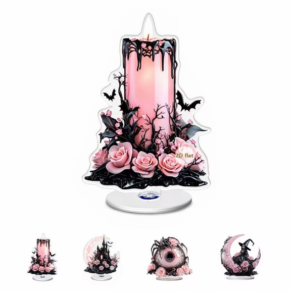Leutsin Halloween Gothic Moon Acrylic Stand, Romantic Pink Moon & Roses Bat Castle Tabletop Centerpiece Display Sign, Spooky Desktop Ornament for Indoor Festival Home Desk Decor (Pink Candle)