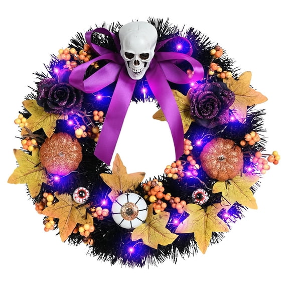 Leutsin Halloween Skull Wreath for Front Door with Lights,Gothic Garland with Black Purple Ribbon Rose,Artificial Pumpkin,Maple Leaves Creepy Decorations for Home Wall Porch Outdoor Indoor