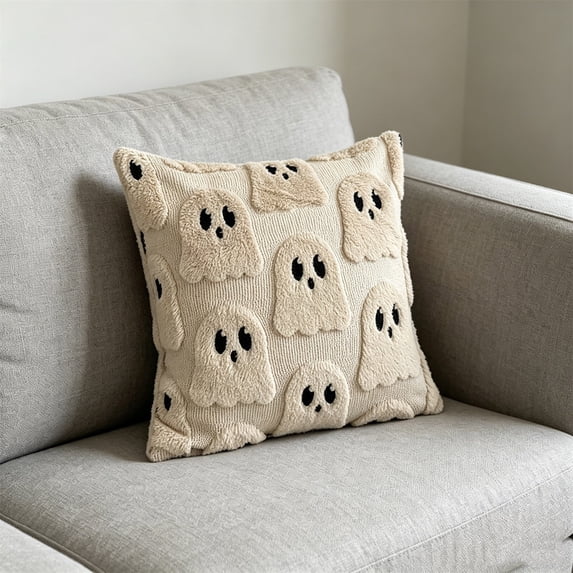 Leutsin Halloween Spooky Throw Pillowcase, 18x18 Inch Ghost Bat and Pumpkin Soft Decorative Cushion Cover, Plush Faux Fur Pillowcase for Sofa Couch Bedroom Farmhouse Halloween Home Decor Gift