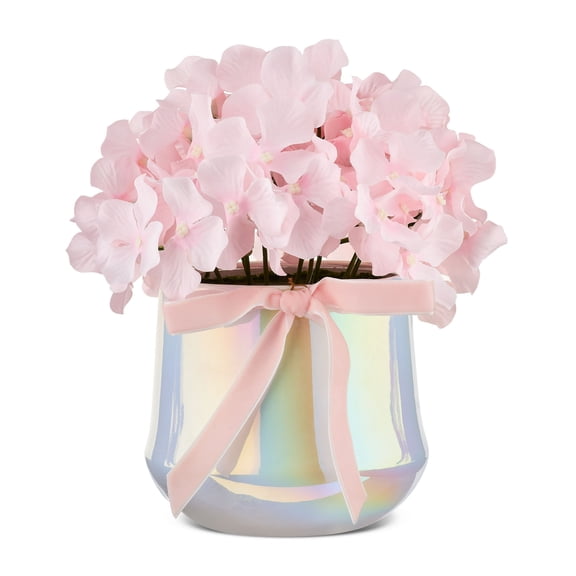 Leutsin Hydrangea Floral Pot - Hydrangea Artificial Flowers in Ceramic Vase Pink Silk Fake Flowers Arrangements for Home Bathroom Office Table Centerpiece Shelf Decorations,Valentine's Day,Pink,8"