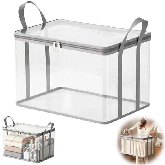 Leutsin Large Heavy-Duty Thick Plastic Clear Storage Bag for Clothes, Moving & Storage, Portable Moving Storage Box with Handles & Dual Zipper, Foldable Waterproof Organizer Bin for Blankets Toys