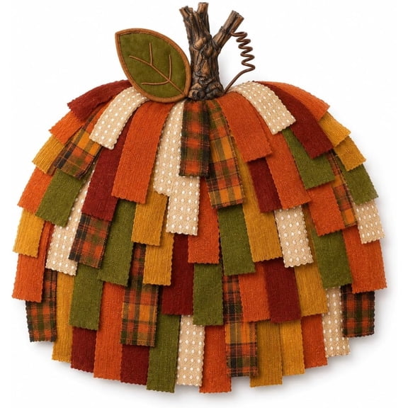 Leutsin Patchwork Pumpkin Door Hanger, Rustic Farmhouse 3D Fabric Pumpkin Wall Hanging for Fall Thanksgiving Front Door Porch Entryway, 24 x 27 inch