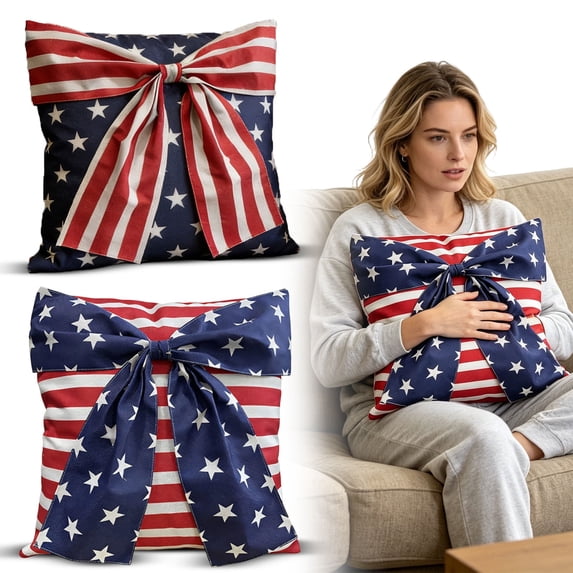 Leutsin Patriotic American Flag Bow Throw Pillow, Red White Blue Stars Stripes Large Bow Design Decorative Pillow, Soft Plush 4th of July Throw Pillow for Couch Sofa Home Decor, 18" x 18"