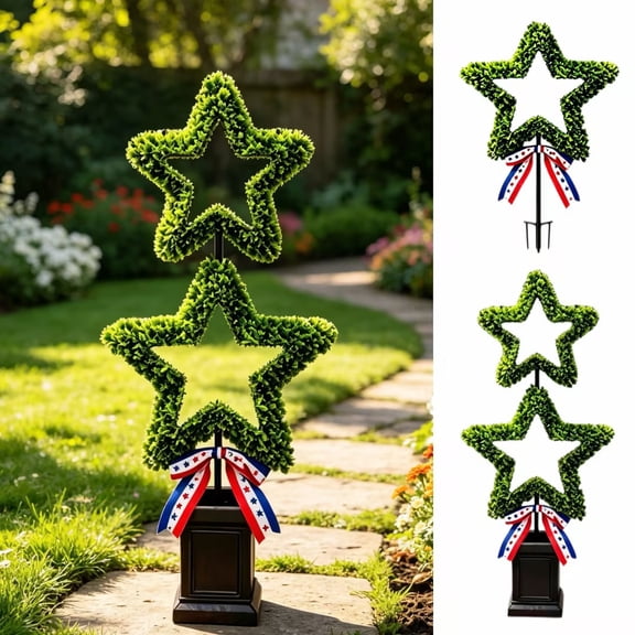 Leutsin Patriotic Star Topiary Plants, 14" 4th of July Hollow Stars Artificial Topiary Trees Potted Plant with Red White Blue Bow for Outdoor Decor, Garden Plant Landscape Decor for Independence Day