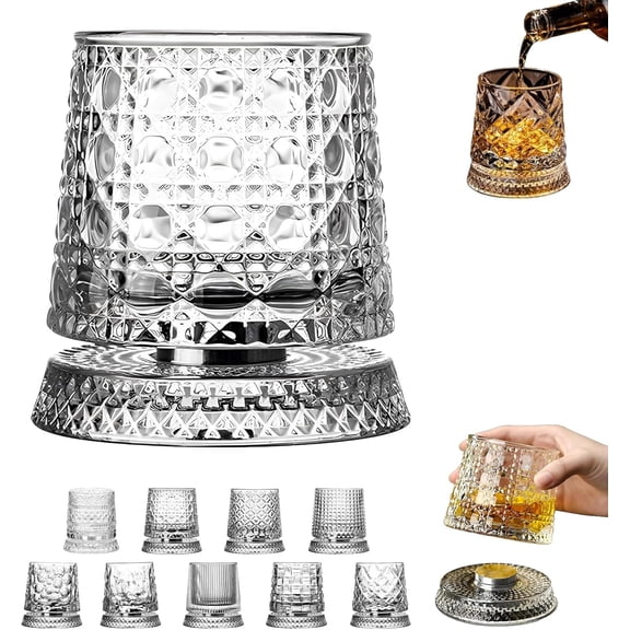 Leutsin Rotatable Tumbler Crystal Glass Cups - 360 Degree Rotating Whiskey Glass Set with Spinning Base,Creative Old Fashioned Glasses for Rum,Cocktail,Brandy,Coffee,Milk,Ideal Gift for Man Womem