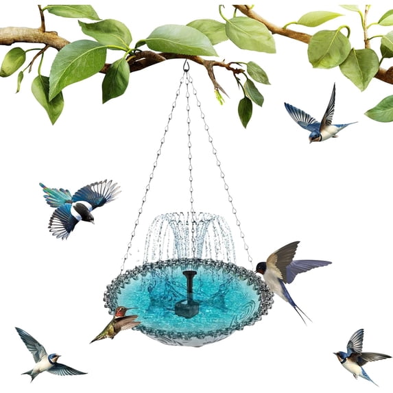 Leutsin Solar Cascade Hanging Bird Bath Fountain, Outdoor Hanging Bird Bath with with Solars Pump & Glass Bowl, Large Humming Birds Bath for Outdoor Garden Yard Patio Decoration, Black