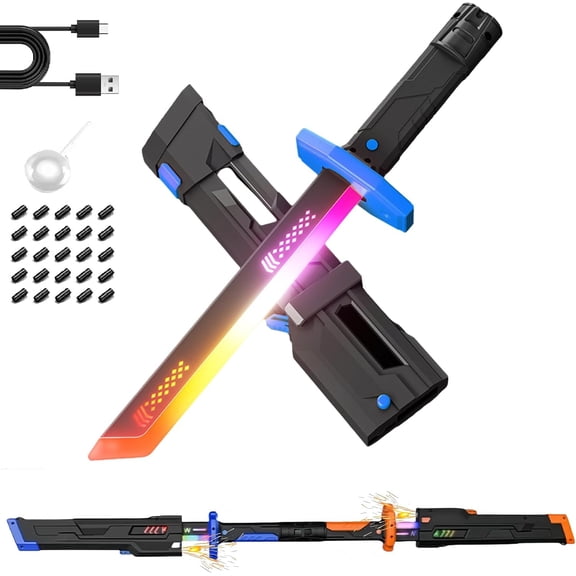 Leutsin Sparkblade Sword with Sparks - Spark Effect Sword with Multicolor LED Mist/Fog Lights & Sound Effects,USB-C Rechargable Xmas Gifts for Home Display,Holiday Prop & Collectible (Blue)