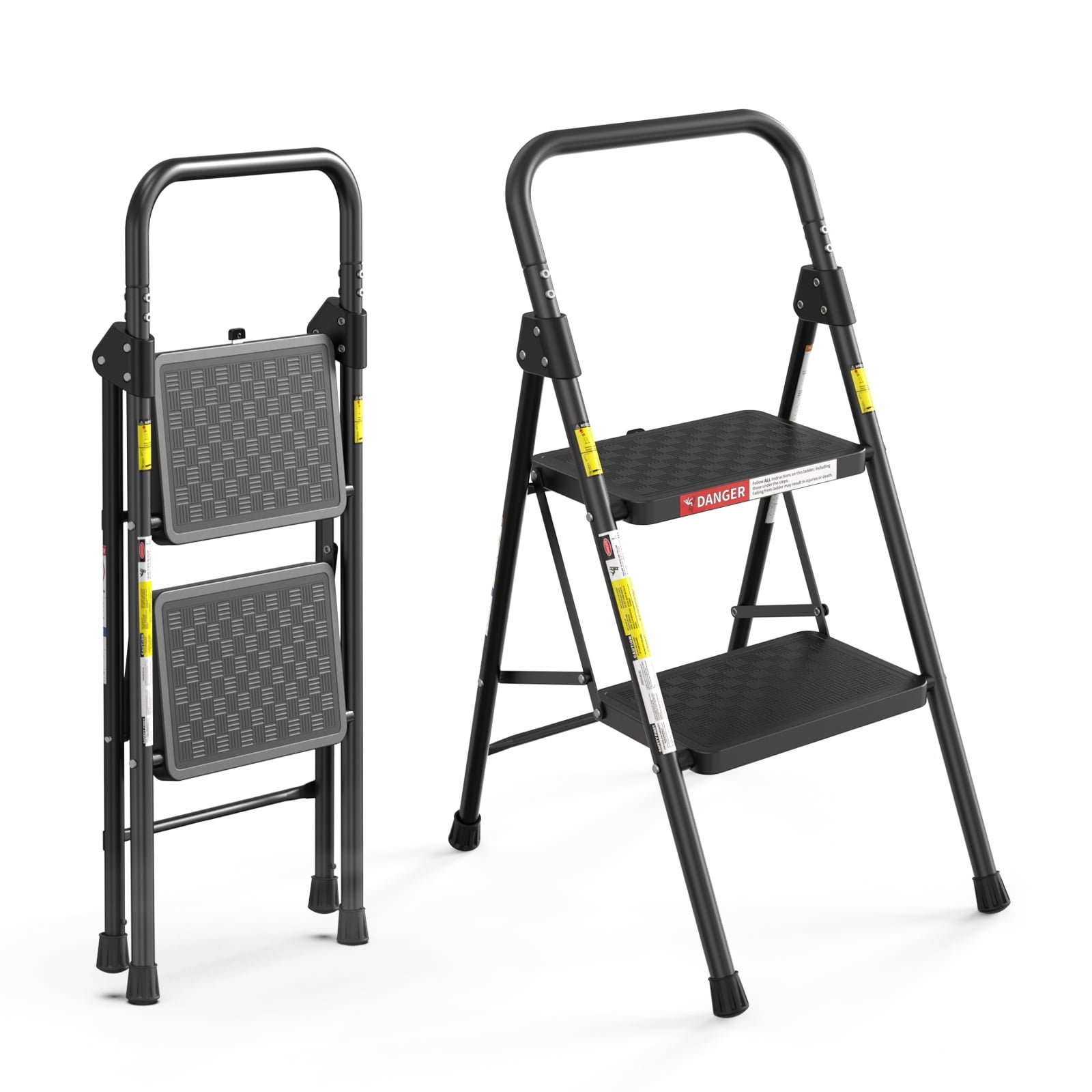 LevLad 2 Step Folding Ladder, Sturdy Steel Step Stool with Handrail & Auto Safety Lock, Ideal for Kitchen, Garage & Outdoor, Black