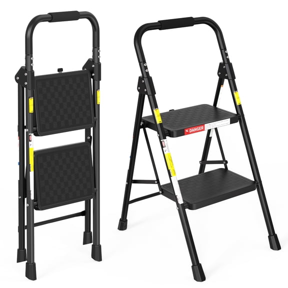 LevLad 2 Step Ladder, Folding Step Stool with Anti-Slip Pedal, Sturdy Steel Ladder, Convenient Handrail, Lightweight, Portable, Black
