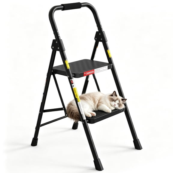 LevLad 2 Step Ladder, Folding Step Stool with Anti-Slip Pedal, Sturdy Steel Ladder, Convenient Handrail, Lightweight, Portable, Black