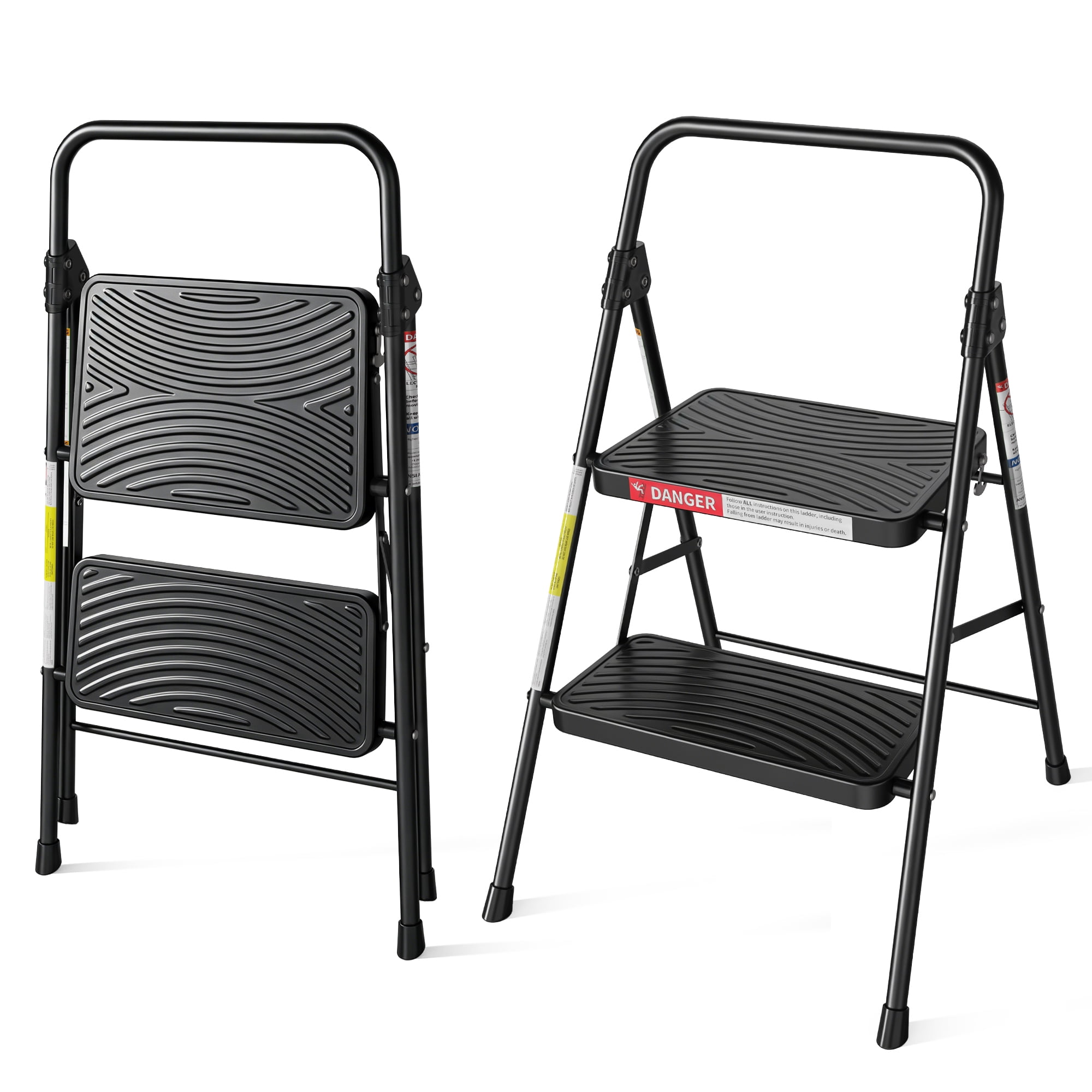LevLad 2 Step Stool with Anti-Slip Pedal, Foldable Step Ladder, 330lbs Capacity, Protable Heavy Duty Step Stool for Kitchen, Garage & Outdoor Use, Black