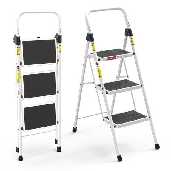 LevLad 3 Step Folding Ladder, Sturdy Steel Step Stool with Handrail & Auto Safety Lock, Ideal for Kitchen, Garage & Outdoor, White