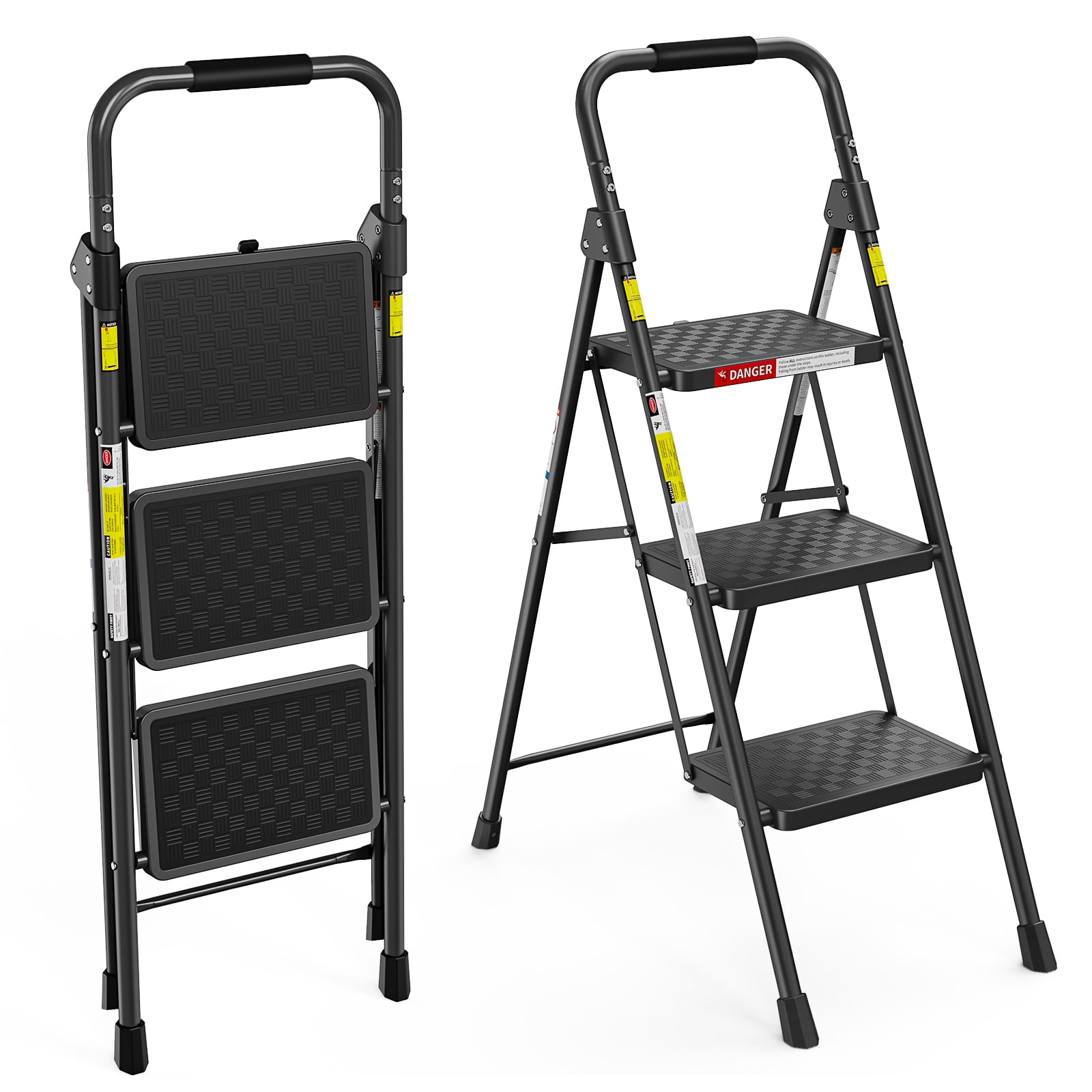LevLad 3 Step Ladder, Folding Step Stool with Anti-Slip Pedal, Sturdy Steel Ladder, Convenient Handrail, Lightweight, Portable, Black