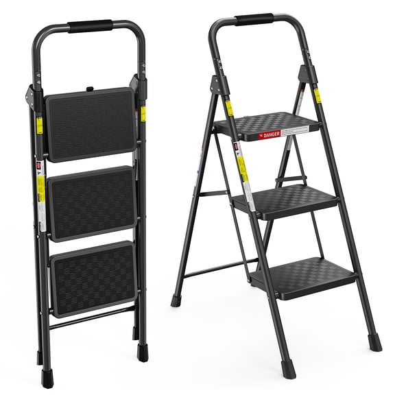 LevLad 3 Step Ladder, Folding Step Stool with Anti-Slip Pedal, Sturdy Steel Ladder, Convenient Handrail, Lightweight, Portable, Black