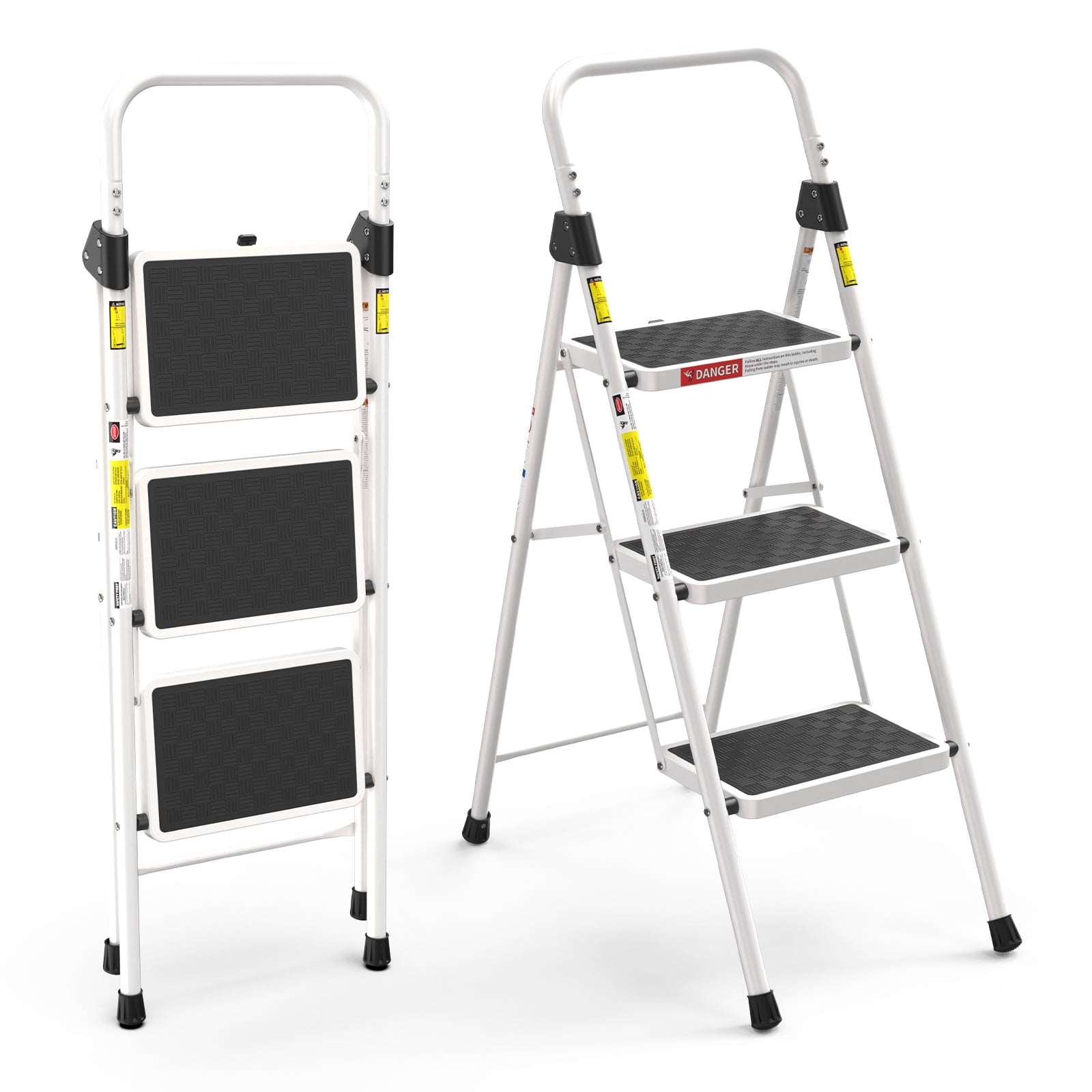LevLad 3 Step Ladder, Folding Step Stool with Anti-Slip Pedal, Sturdy Steel Ladder, Convenient Handrail, Lightweight, Portable, White