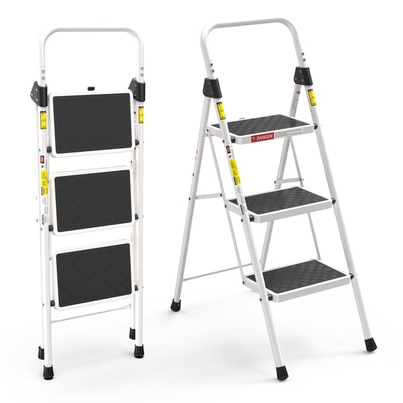 LevLad 3 Step Ladder, Folding Step Stool with Anti-Slip Pedal, Sturdy Steel Ladder, Convenient Handrail, Lightweight, Portable, White