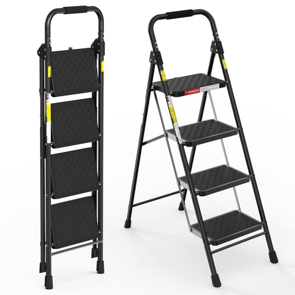 LevLad 4 Step Folding Ladder, Anti-Slip Step Stool with Safety Lock for Home Use, Black