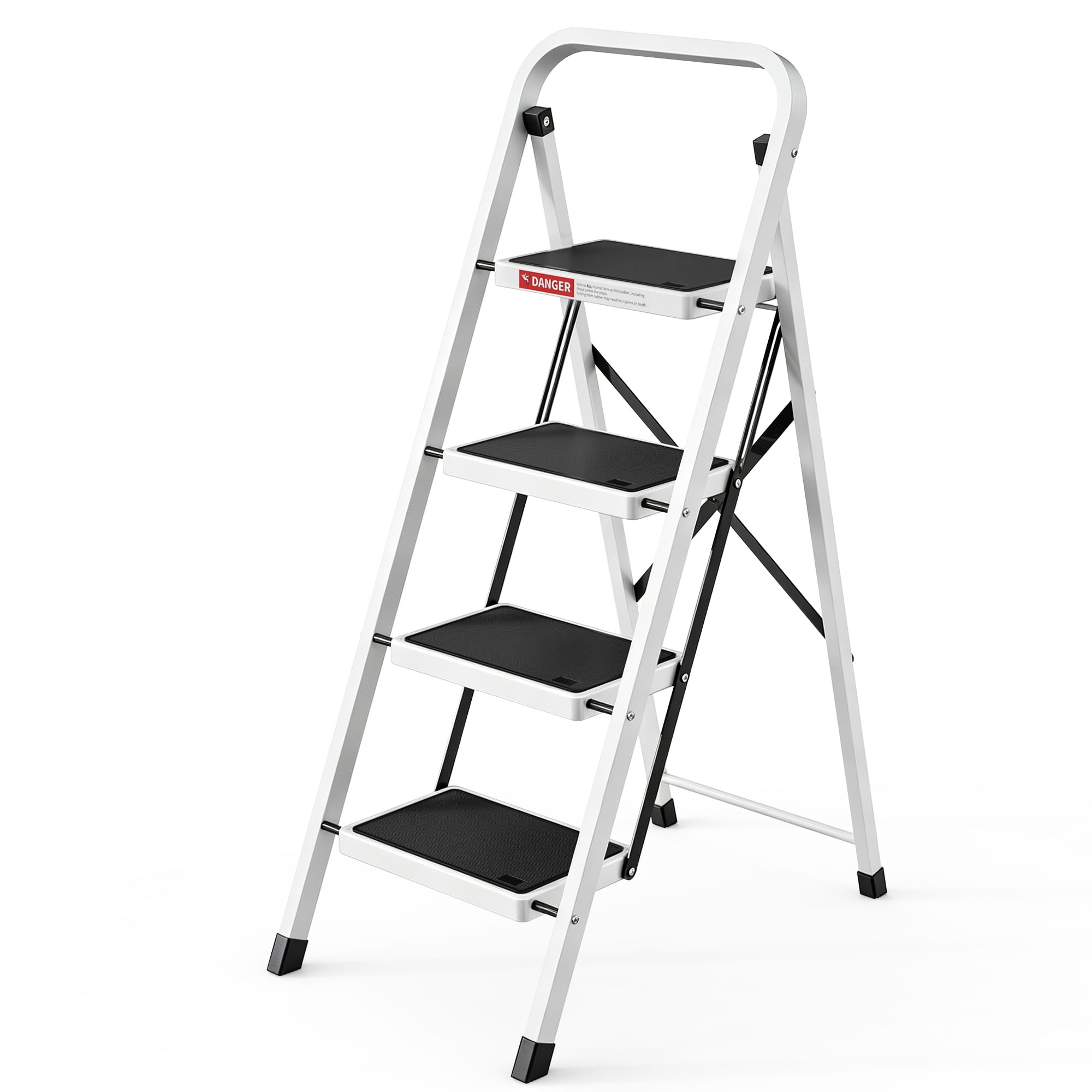 LevLad 4 Step Folding Ladder, Lightweight Portable Stepladder with Anti-Slip Pedal, Ladders with Convenient Handrails, Steel Stool for Kitchen, Home Improvement,White