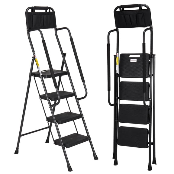 LevLad 4 Step Ladder with Handrails & Attachable Tool Bag, Folding Step Stool Ladder,330 Lbs Capacity, Multi-use for Home,Kitchen,Office, Black