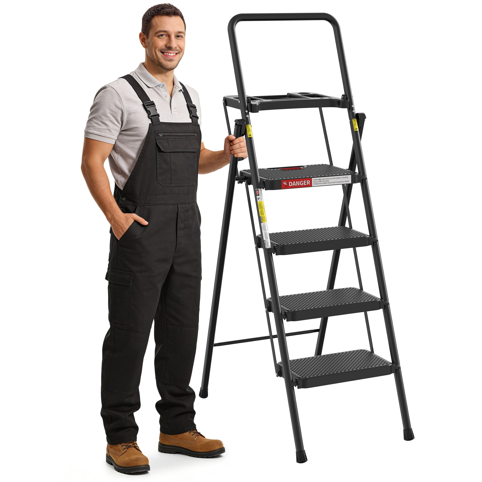 LevLad 4 Step Ladder with Tool Tray, Folding Step Stool, Wide Anti-Slip Pedal and Anti-Slip Feet, Steel Ladder for Home Improvement, Black