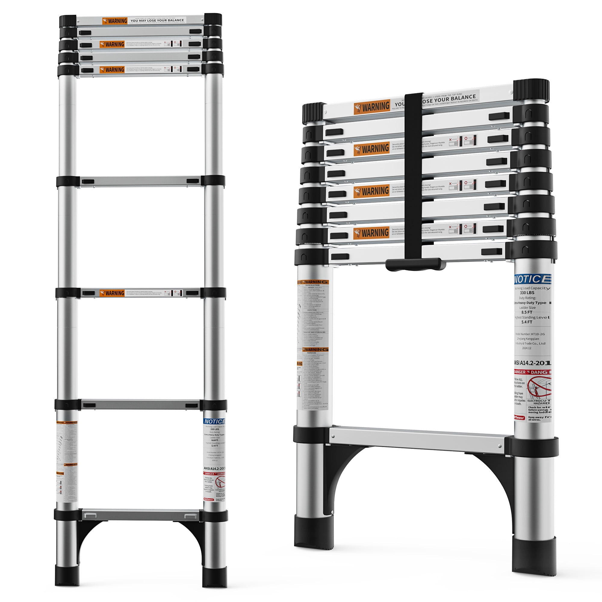 LevLad 8.5 FT Telescoping Ladder, Aluminum Extension Ladder with Anti-Slip Feet, Multi-Purpose Collapsible Ladder for Household, RV, Outdoor Work, Heavy Duty 330lbs Max Capacity
