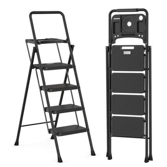 LevLad Folding 4 Step Ladder with Tool Tray & Anti-Slip Pedals, Stable Steel Step Stool for Home Use, Black
