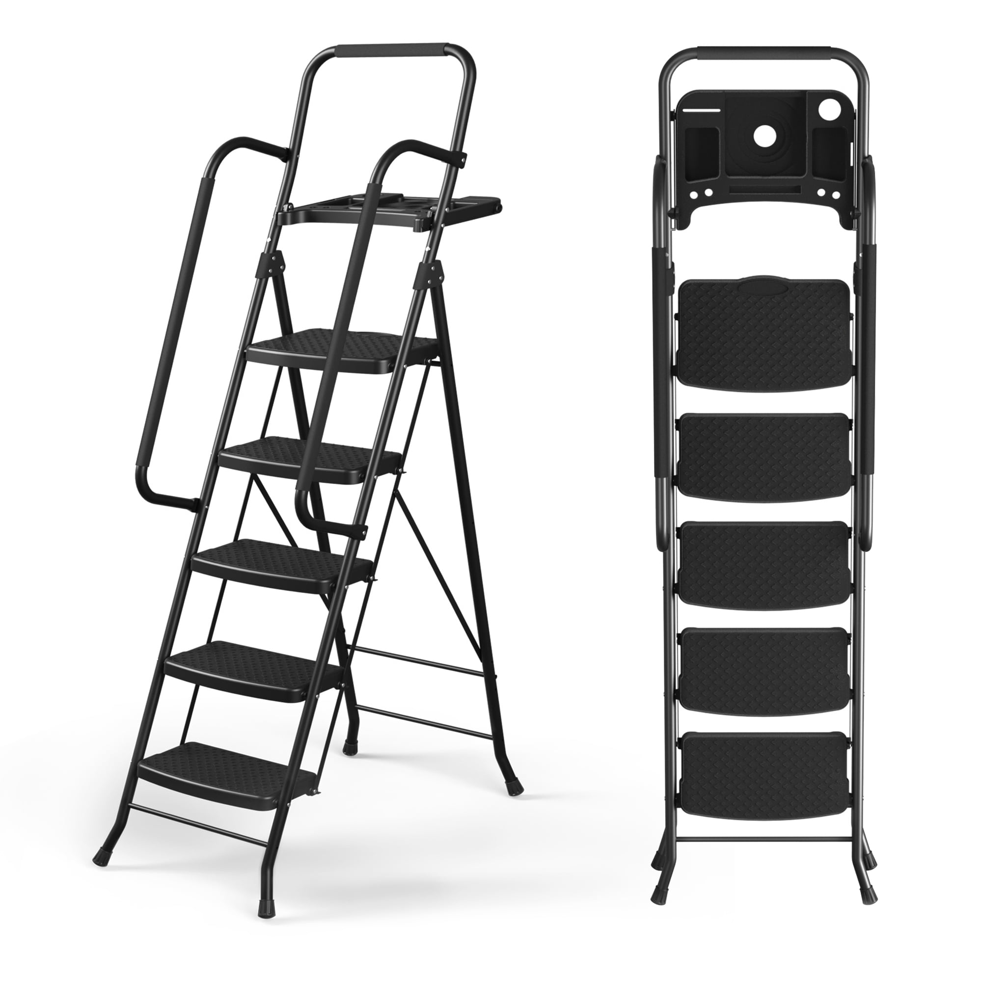 LevLad Folding 5 Step Ladder with Tool Tray & Handrails, 330 lbs Capacity Step Stool with Safety Lock, Non-Skid Wide Steps, Black