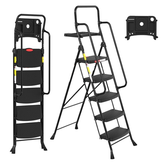 LevLad Folding 5 Step Ladder with Tool Tray & Handrails, 330 lbs Capacity Step Stool with Safety Lock, Non-Skid Wide Steps, Black