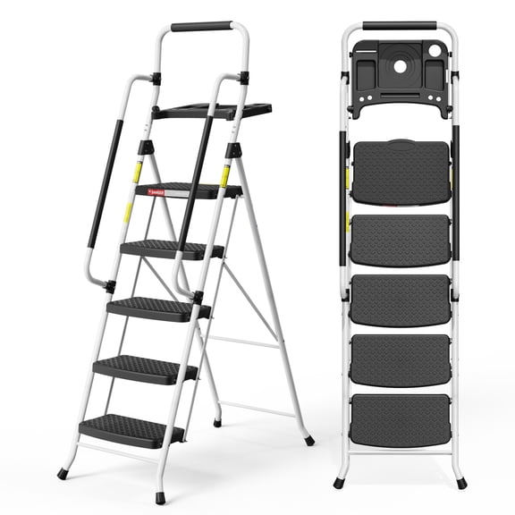 LevLad Folding 5 Step Ladder with Tool Tray & Handrails, 330 lbs Capacity Step Stool with Safety Lock, Non-Skid Wide Steps, White