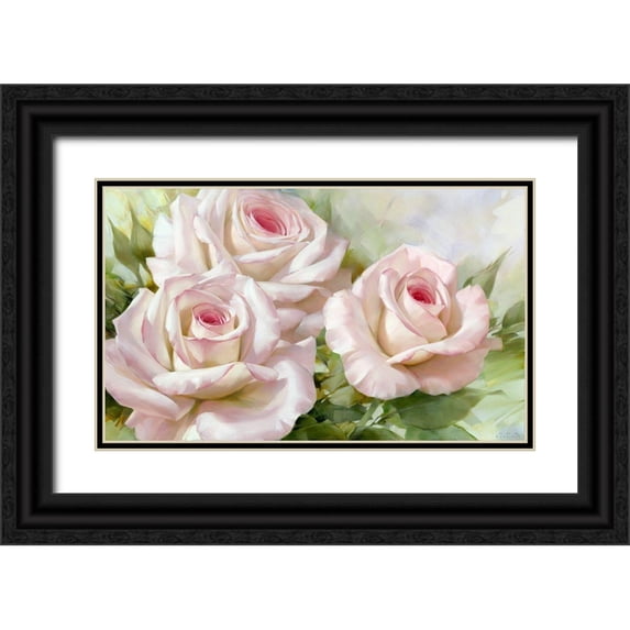 Levashov, Igor 24x16 Black Ornate Wood Framed with Double Matting Museum Art Print Titled - White and pink roses 1