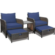 LeveLeve Balcony Furniture 5 Piece Patio Conversation Set, PE Wicker Rattan Outdoor Lounge Chairs with Soft Cushions 2 Ottoman&Glass Table for Porch, Lawn-Brown Wicker (Dark Blue)