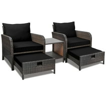 LeveLeve Balcony Furniture 5 Piece Patio Conversation Set, PE Wicker Rattan Outdoor Lounge Chairs with Soft Cushions 2 Ottoman&Glass Table for Porch, Lawn-Brown Wicker (Black)