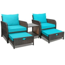 LeveLeve Balcony Furniture 5 Piece Patio Conversation Set, PE Wicker Rattan Outdoor Lounge Chairs with Soft Cushions 2 Ottoman&Glass Table for Porch, Lawn-Brown Wicker (Lake Blue)