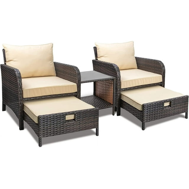 LeveLeve 5-Piece Patio Set, PE Wicker Rattan Chairs, Ottomans & Glass ...