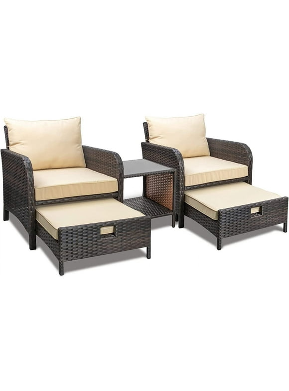 LeveLeve Balcony Furniture 5 Piece Patio Conversation Set, PE Wicker Rattan Outdoor Lounge Chairs with Soft Cushions 2 Ottoman&Glass Table for Porch, Lawn-Brown Wicker (Khaki)