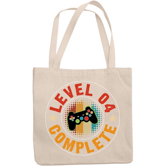 Level 04 Complete, Video Gamer or Gaming Enthusiast Birthday, 12oz Canvas Tote Bag