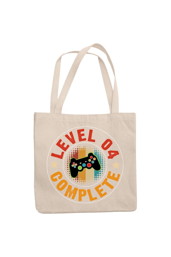 Level 04 Complete, Video Gamer or Gaming Enthusiast Birthday, 12oz Canvas Tote Bag
