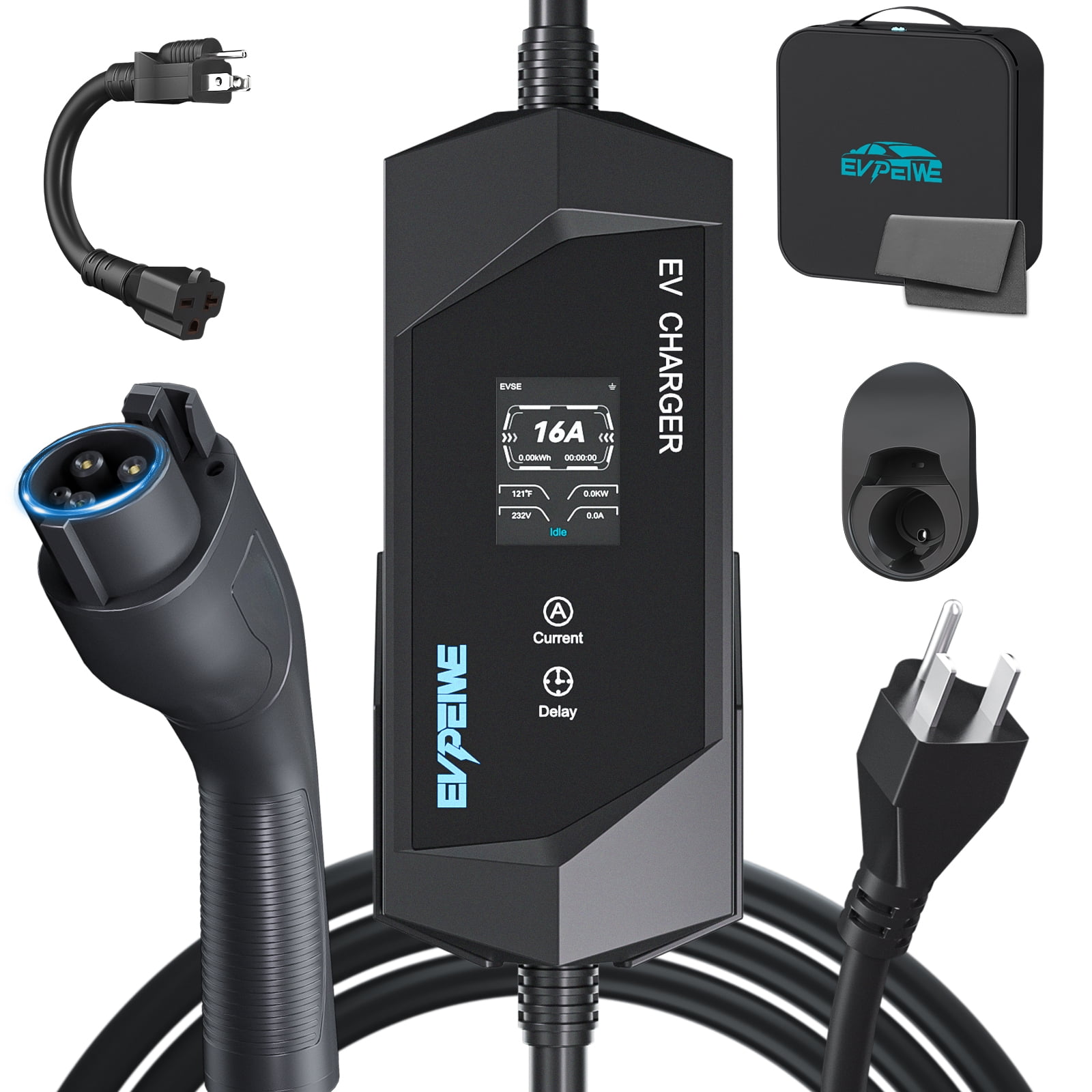 EVPEIWE Level 1/2 EV Charger 16A, 25ft, 110-240V Portable EV Charger with NEMA 14-50/NEMA 5-15 Plug