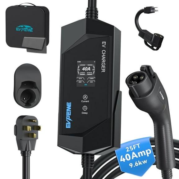 EVPEIWE,240V /40A J1772 Level 1/2 EV Charger 25ft, Portable EV Charger with NEMA 14-50/NEMA 5-15 Plug
