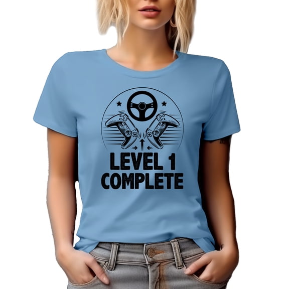 Level 1 Complete, Gaming Enthusiast or Car Racing Video Gamer, Baby Blue T-Shirt, Large