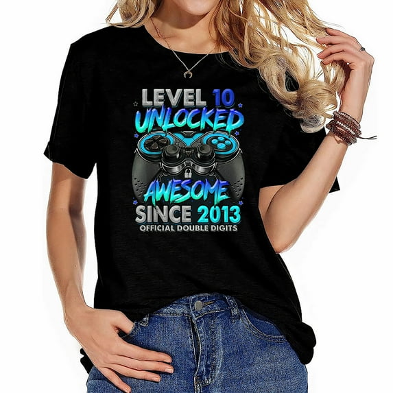 Level 10 Unlocked Awesome Since 2013 10th Birthday Fashionable Women's Graphic Tee - Cute Short Sleeve Top