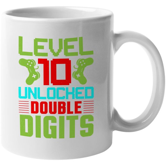 Level 10, Unlocked Double Digits, Video Gamer or Gaming Enthusiast Birthday, White 11oz Ceramic Mug
