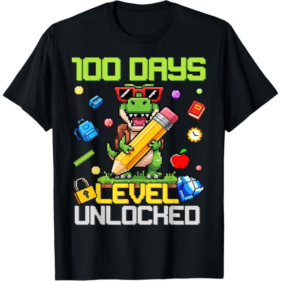 Level 100 Days of School Unlocked Gamer Video Games Trex Adult T-shirt