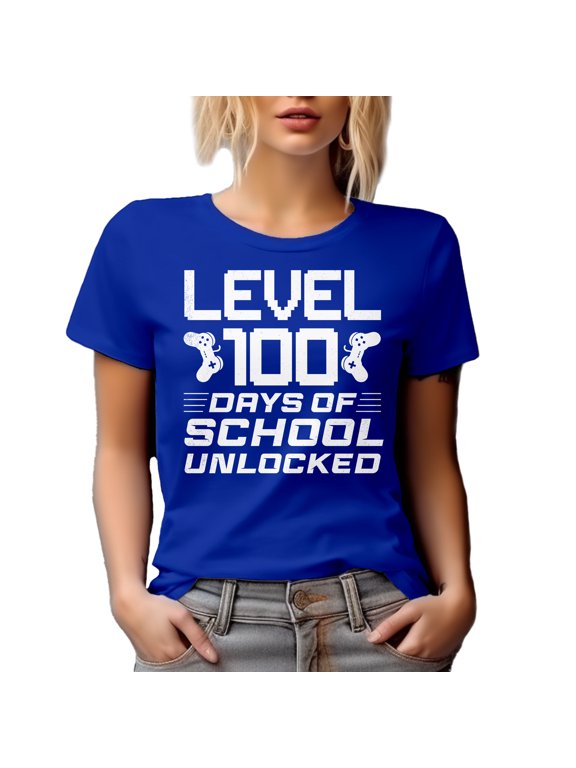 Level 100 Days of School Unlocked feat. Video Game Controller, Gamer Graduation Themed, Royal Blue T-Shirt, Medium